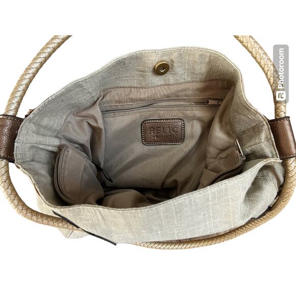 Relic Purse Beige Canvas Tea Rose Appliqué Double Shoulder Strap Hobo Handbag - Picture 8 of 14